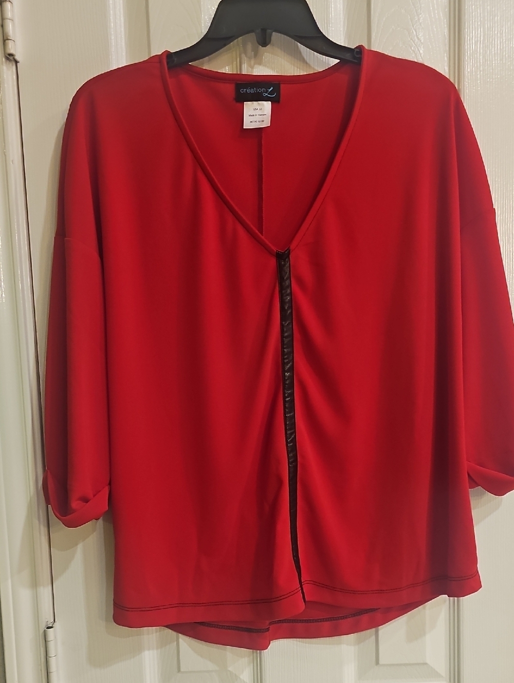 Creation L V Neck Three Quarter Sleeve Red Top w black leather trim. SIZE 12